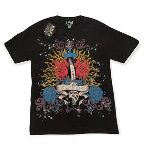 y2k Black T-Shirt Size 2XL XXL Embroidered Beaded Sir Honor Dragon Fire Rose